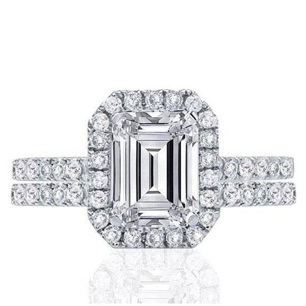 Classic Emerald & Round Cut Halo Bridal Set, White
