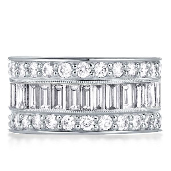 Triple Row Baguette & Round Cut Milgrain Wedding Band, White