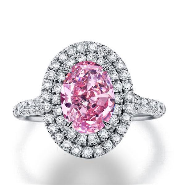 Italo Double Halo Oval Created Pink Sapphire Engagement Ring, White
