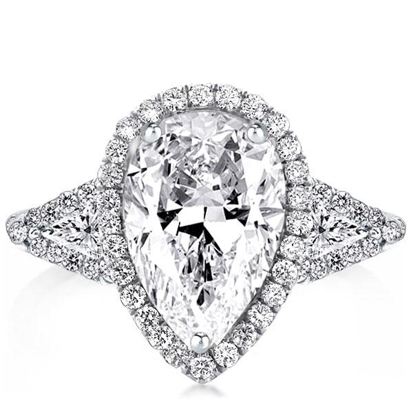 Three Stone Pear Halo Engagement Ring, White