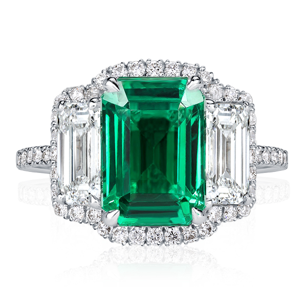 Three Stone Halo Sterling Silver Emerald Engagement Ring, White