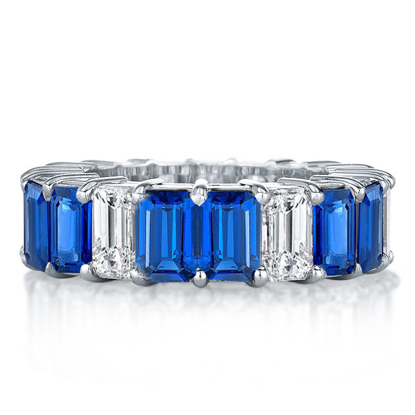 Eternity Blue & White Emerald Cut Wedding Band