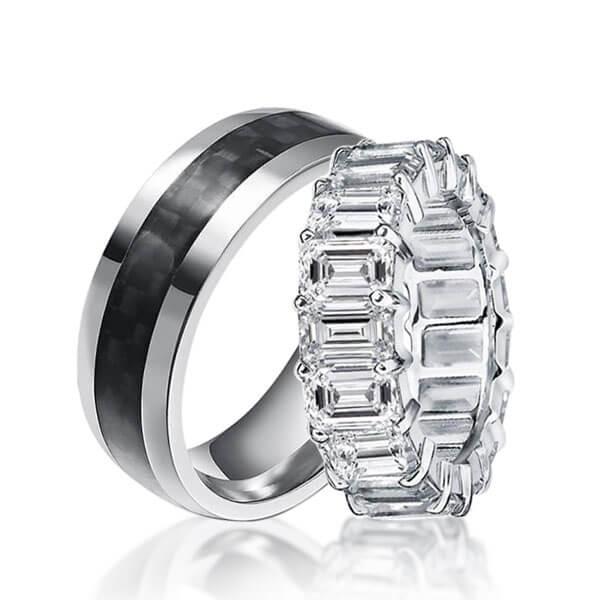 Eternity Emerald Carbon Fibre Couple Rings, White