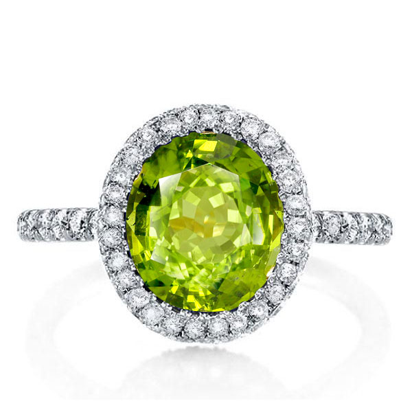 Italo Halo Peridot Oval Cut Engagement Ring For Women, White