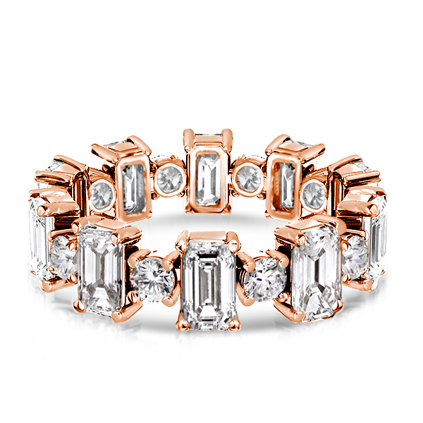 

Rose Gold Emerald & Round Alternating Wedding Band, White