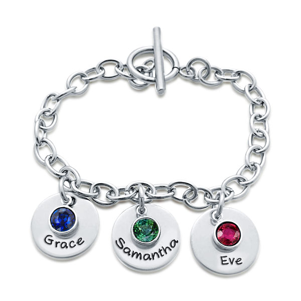 Personalized Engraved With Birthstone Charm Bracelet, White