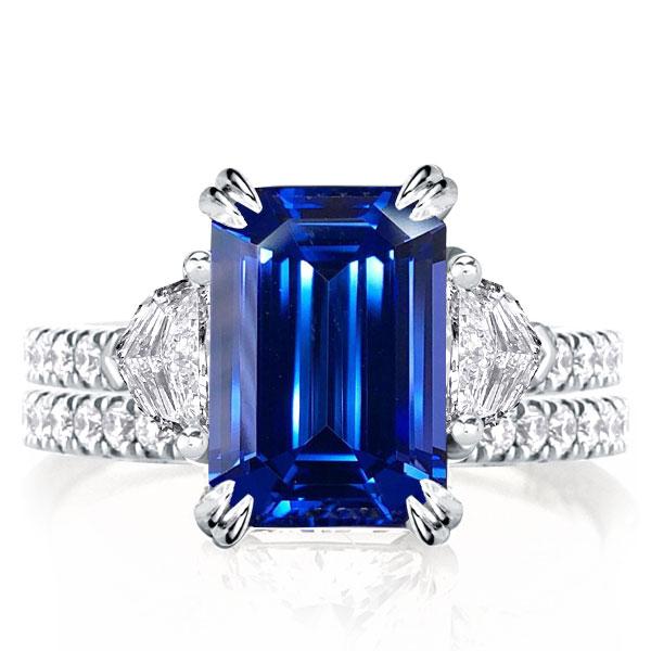 

Double Prong Created Sapphire Three Stone Emerald Cut Bridal Set, White