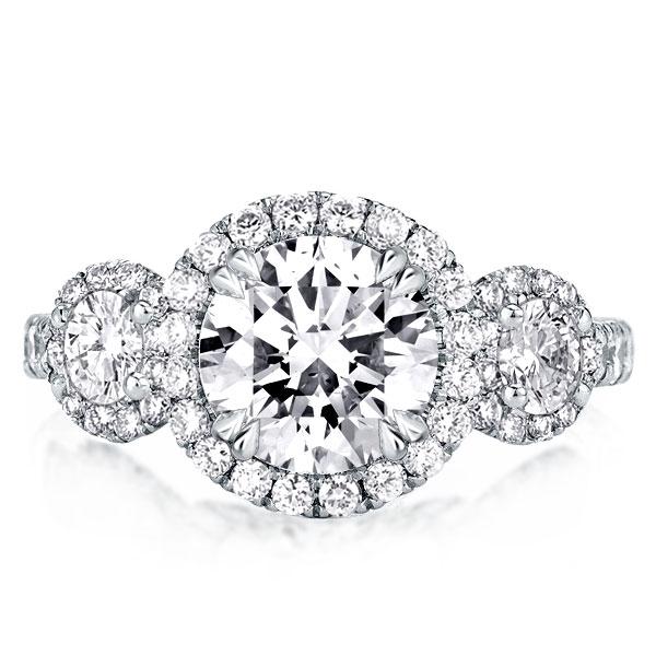 

Double Prong Three Stone Round Halo Engagement Ring, White