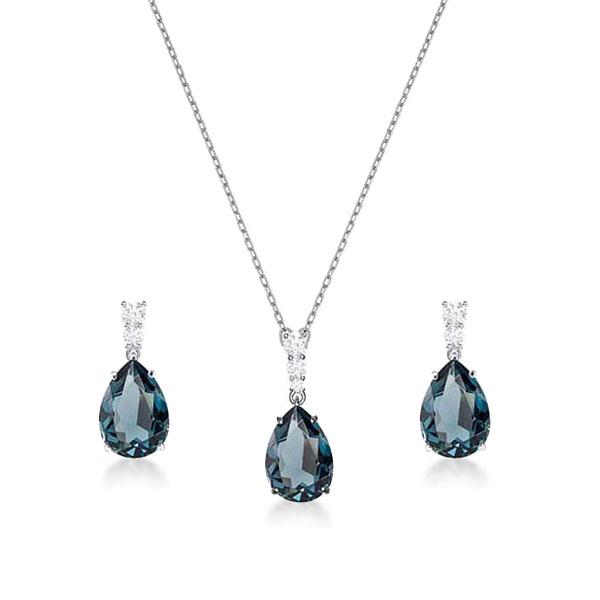Pear Cut Blue Topaz Necklace And Earring Set For Women, White