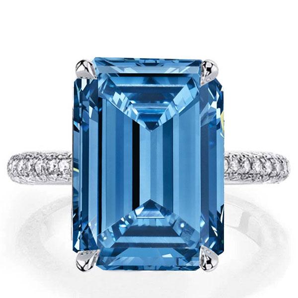 Classic Emerald Cut Created Aquamarine Engagement Ring, White
