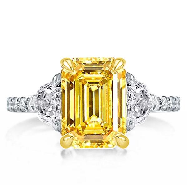 

Two Tone Three Stone Yellow Emerald Engagement Ring, White