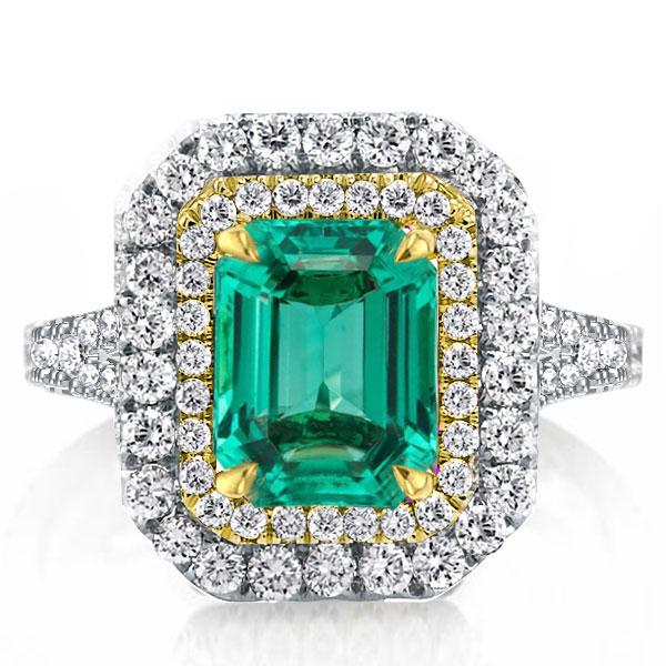 

Double Halo Two Tone Split Shank Emerald Green Engagement Ring, White