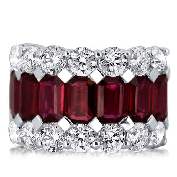 

Triple Row Garnet Emerald & Round Cut Wedding Band, White