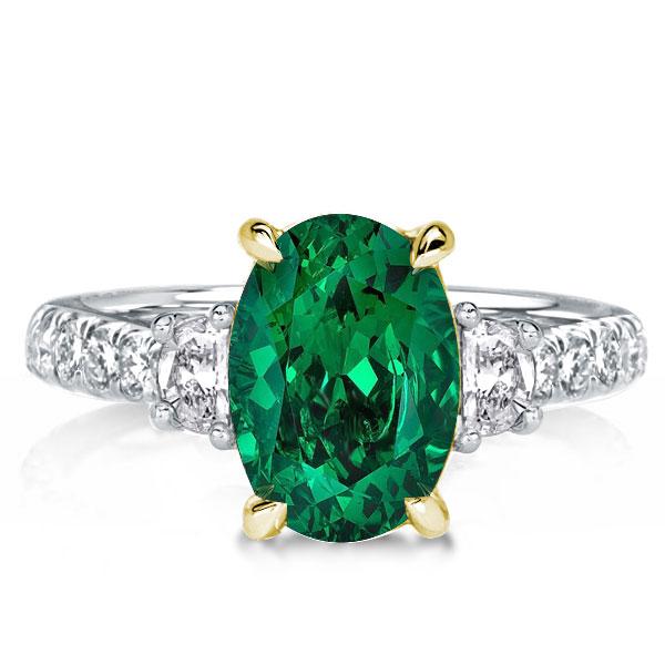 Three Stone Two Tone Round Green Sapphire Engagement Ring