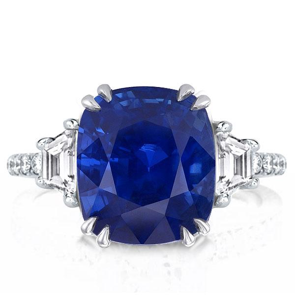 

Three Stone Cushion Cut Blue Sapphire Engagement Ring, White