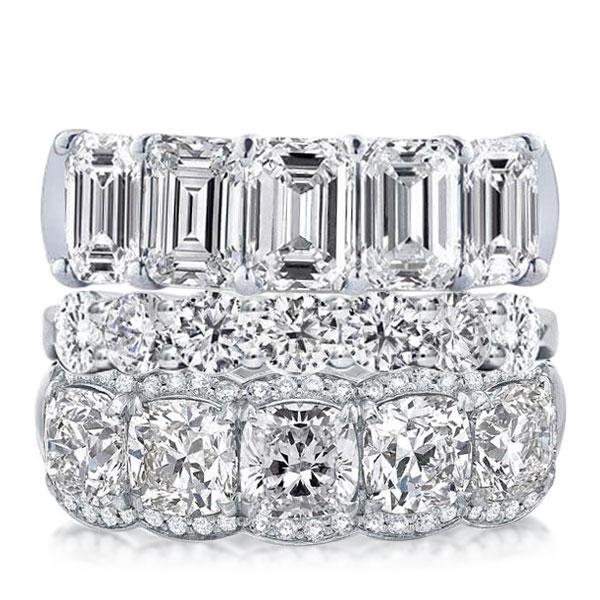 

Triple Row Emerald & Round &Cushion Stackable Band Set, White