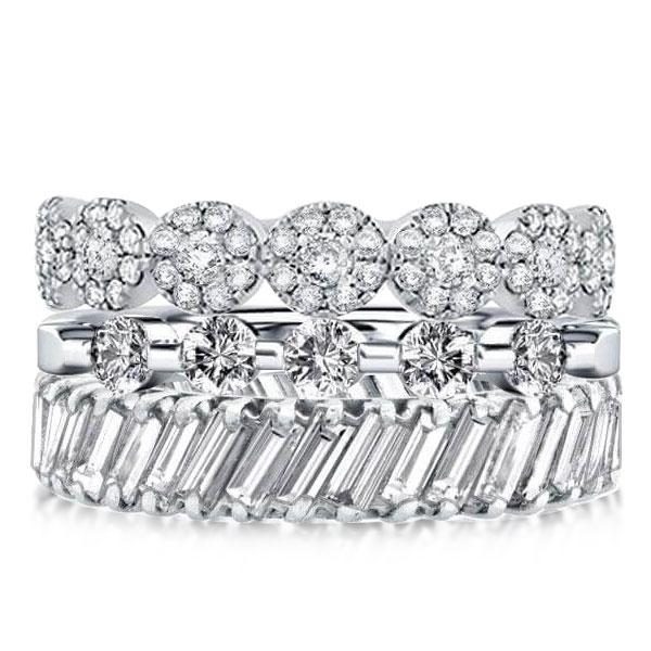 

Triple Row Round & Baguette Stackable Band Set, White