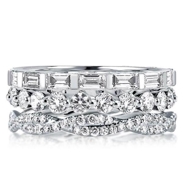 

Triple Row Round & Baguette Stackable Band Set, White