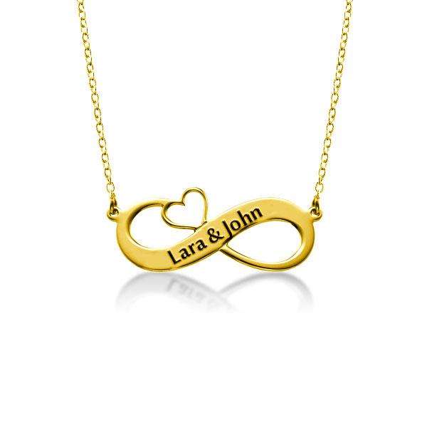 

14K Gold Plated Engraved Infinity Necklace with Cut Out Heart, White