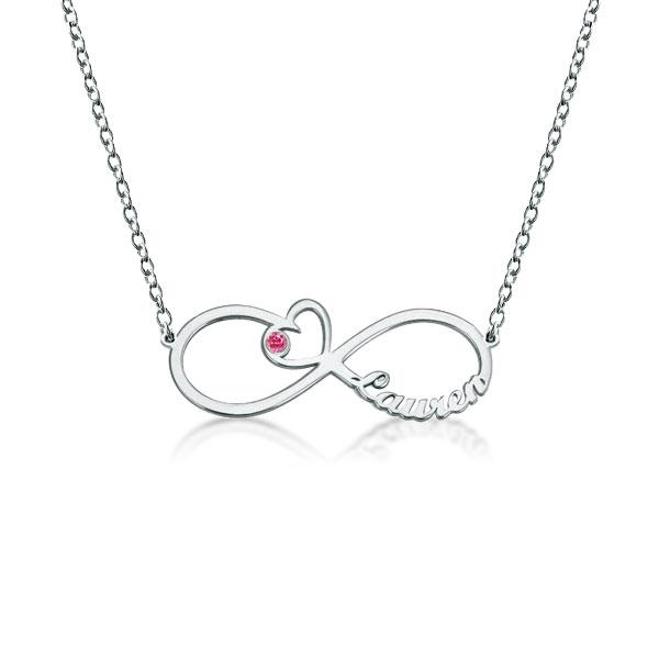 Silver Personalized Heart Birthstone Infinity Name Necklace, White