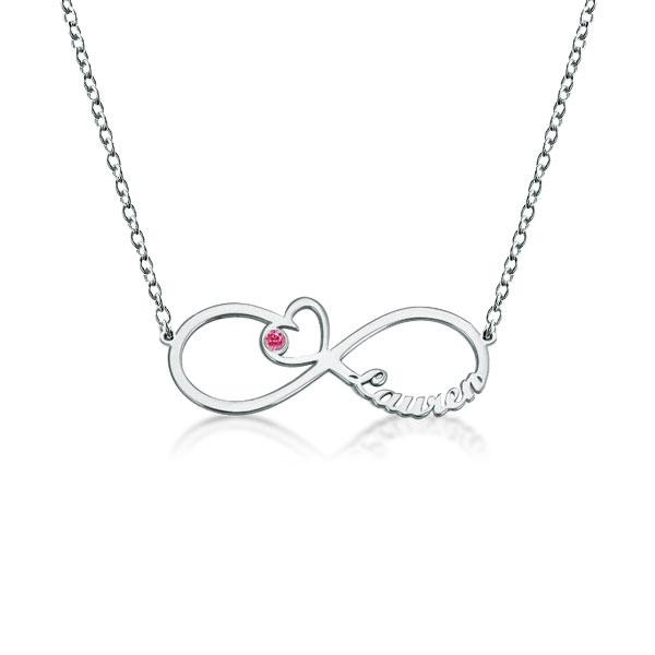 

Silver Personalized Heart Birthstone Infinity Name Necklace, White