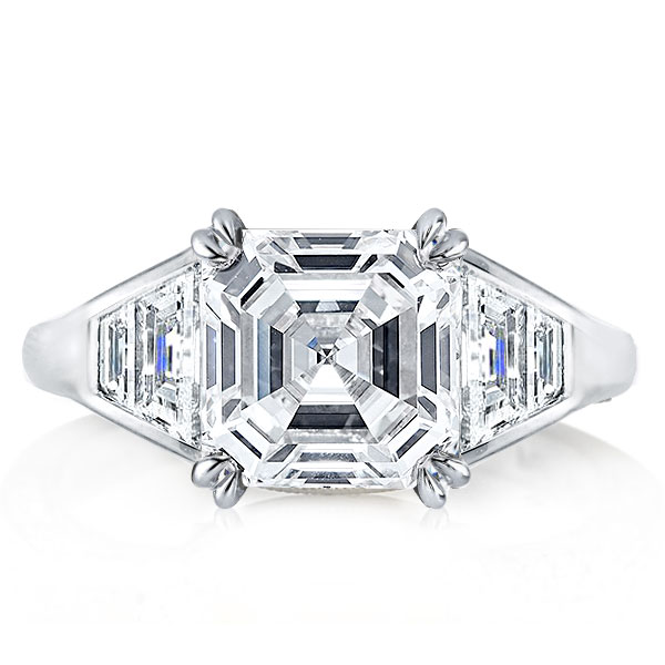 

Three Stone Asscher Cut Engagement Ring In Sterling Silver, White