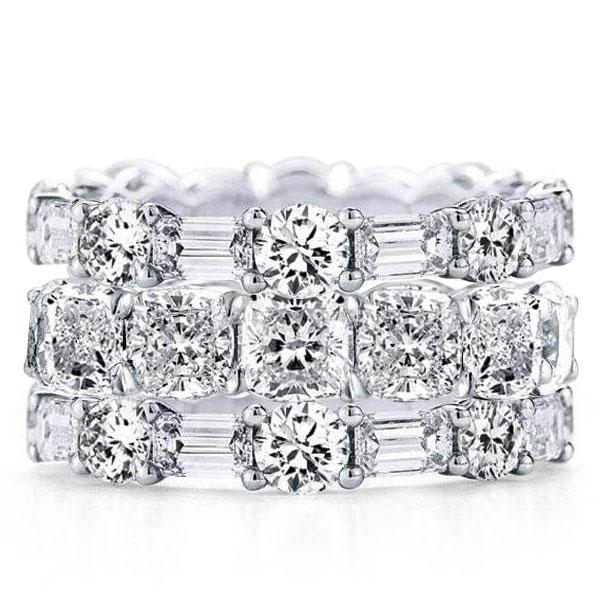 

Triple Row Cushion & Round & Baguette Stackable Band Set, White