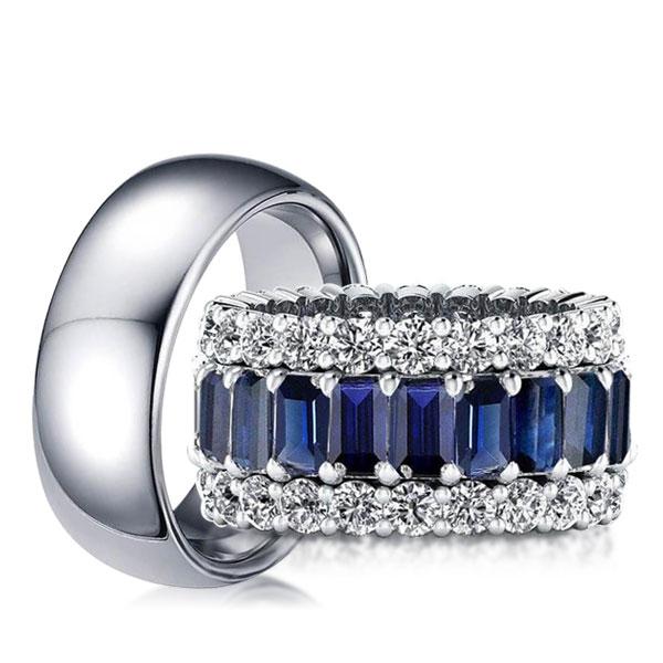 

Eternity Triple Row Blue Emerald Cut Couple Rings, White