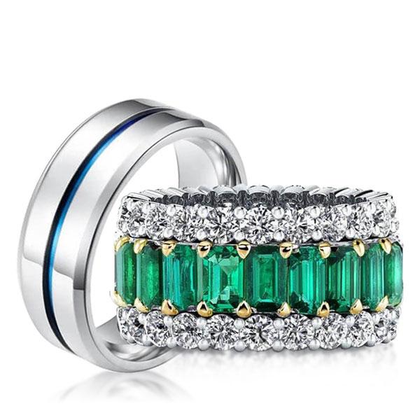 

Triple Row Emerald Cut Couple Wedding Rings, White
