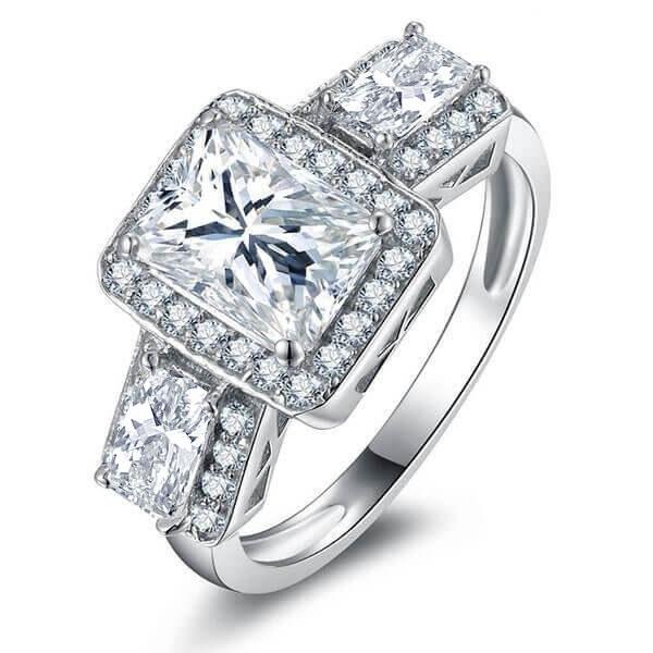 

Art Deco Halo Three Stone Engagement Ring, White