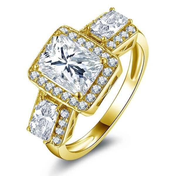 

Art Deco Halo Three Stone Yellow Gold Engagement Ring, White