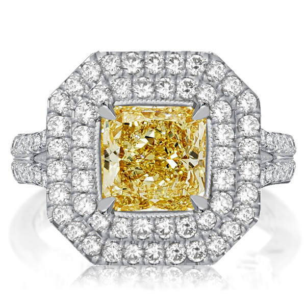 

Double Halo Radiant Cut Yellow Topaz Engagement Ring, White