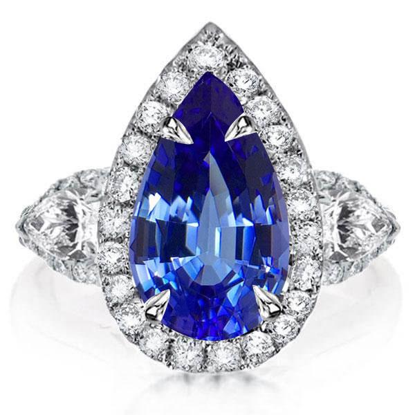 

Italo Pear Halo Three Stone Created Sapphire Engagement Ring, White