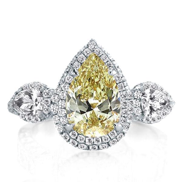 

Three Stone Halo Pear Yellow Topaz Engagement Ring, White