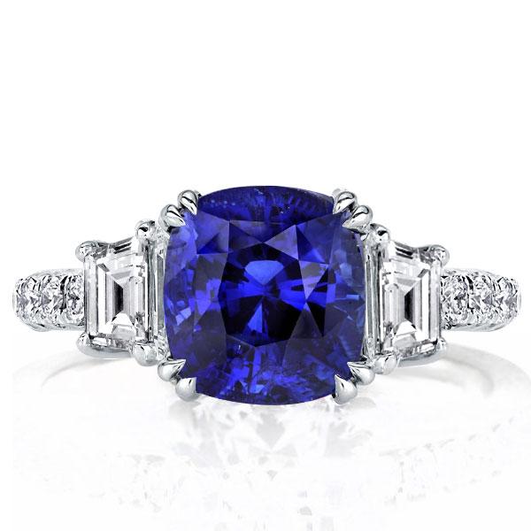 

Three Stone Double Prong Blue Sapphire Cushion Cut Engagement Ring, White