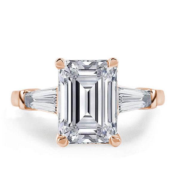 

Rose Gold Three Stone Emerald Engagement Ring, White