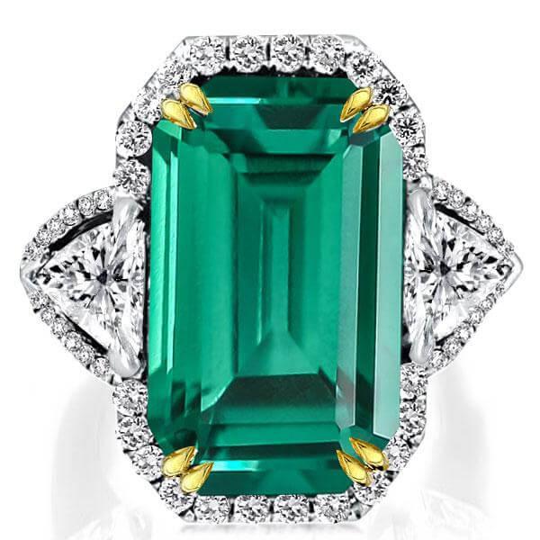 

Two Tone Emerald Cut Emerald Green 3 Stone Halo Engagement Ring, White