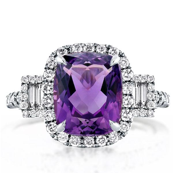 

Three Stone Cushion Cut Halo Amethyst Engagement Ring, White