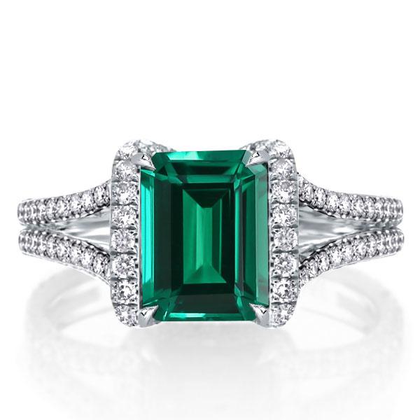 

Split Shank Green Emerald Cut Engagement Ring, White