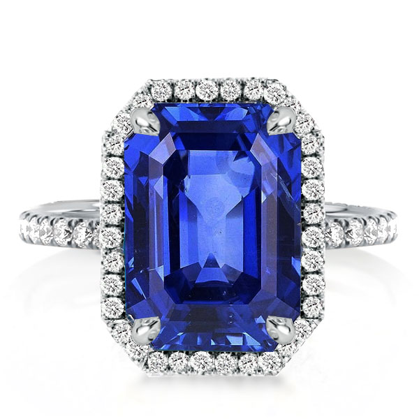 

Halo Emerald Cut Blue Sapphire Engagement Ring, White