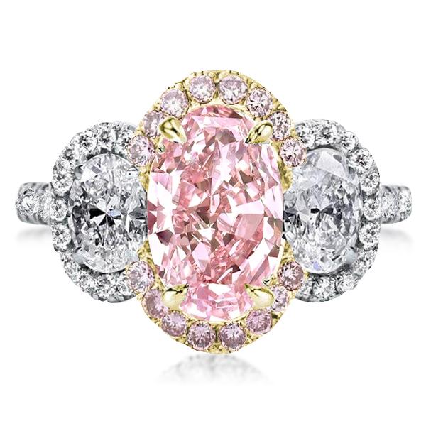 

Two Tone Three Stone Halo Oval Pink Engagement Ring, White