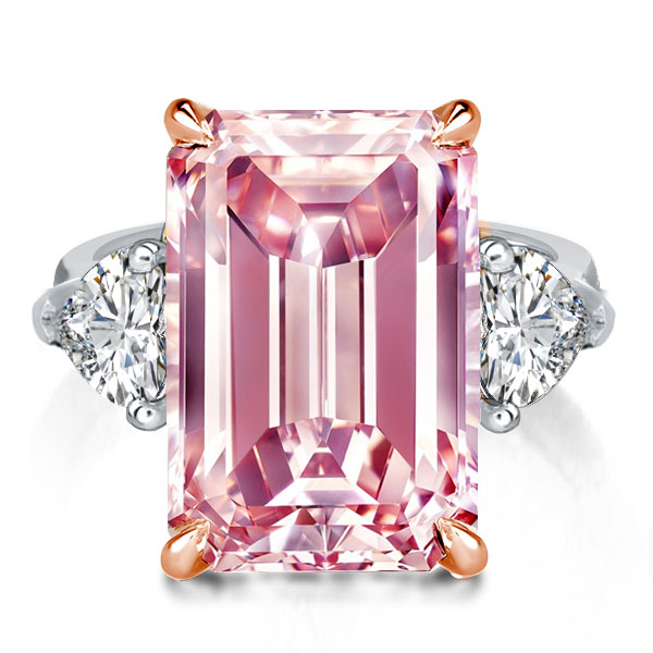 

Three Stone Emerald Created Pink Sapphire Engagement Ring, White