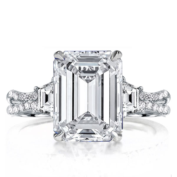 

Three Stone Split Shank Emerald Cut Engagement Ring, White