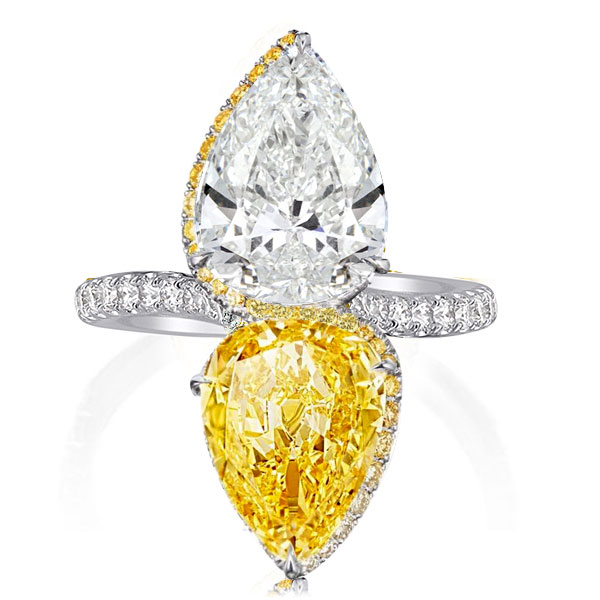 

Twin Stone Unique Pear Cut Yellow Topaz Engagement Ring, White