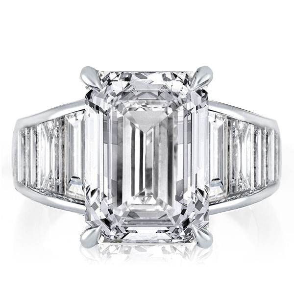 

Sterling SIlver Ring Unique Engagement Ring With Emerald & Baguette, White