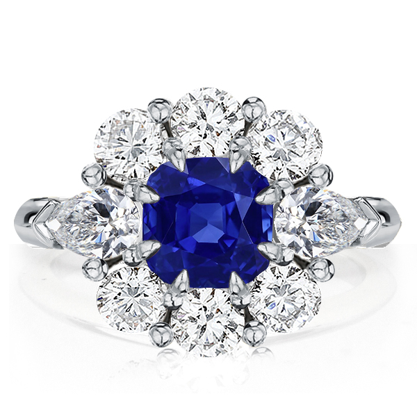 

Flower Design Cushion Cut Blue Sapphire Engagement Ring, White