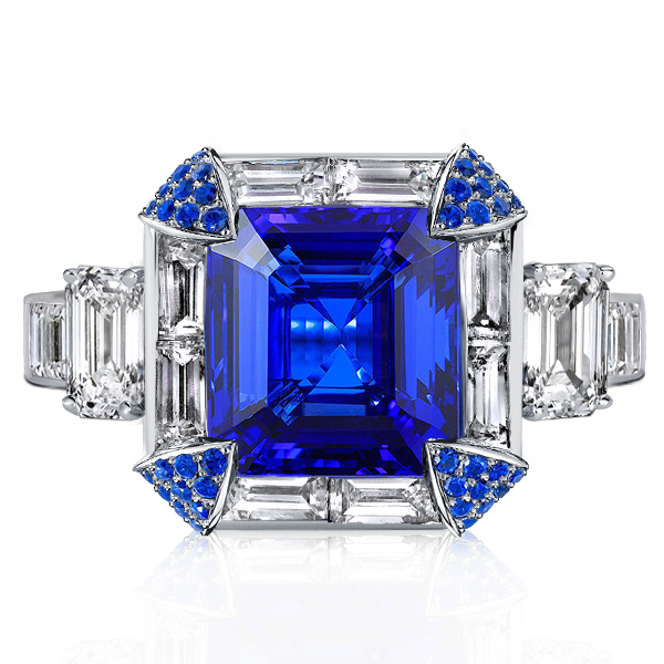 

Halo Emerald Cut Blue Sapphire Engagement Ring, White