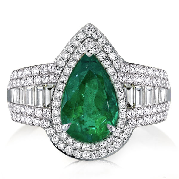 

Halo Pear Cut Emerald Green Engagement Ring, White