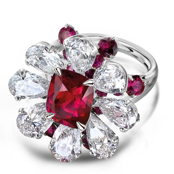 Garnet Red & White Sapphire Halo Flower Engagement Ring