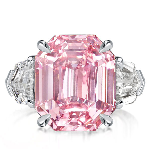 

Three Stone Created Pink Emerald Cut Engagement Ring, White